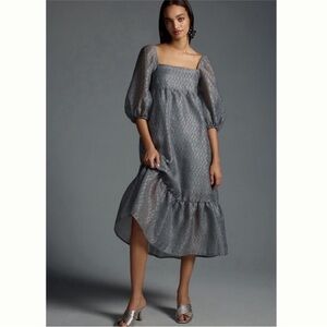 Anthropologie Metallic Silver Puff Sleeve Square Neck Tiered Midi Dress Grey XS